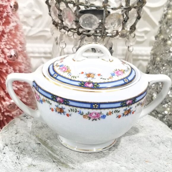 TK Thuny CARLTON Sugar Bowl & Creamer Set - Czechoslovakia Thun Roses Blue Rim - Picture 3 of 10